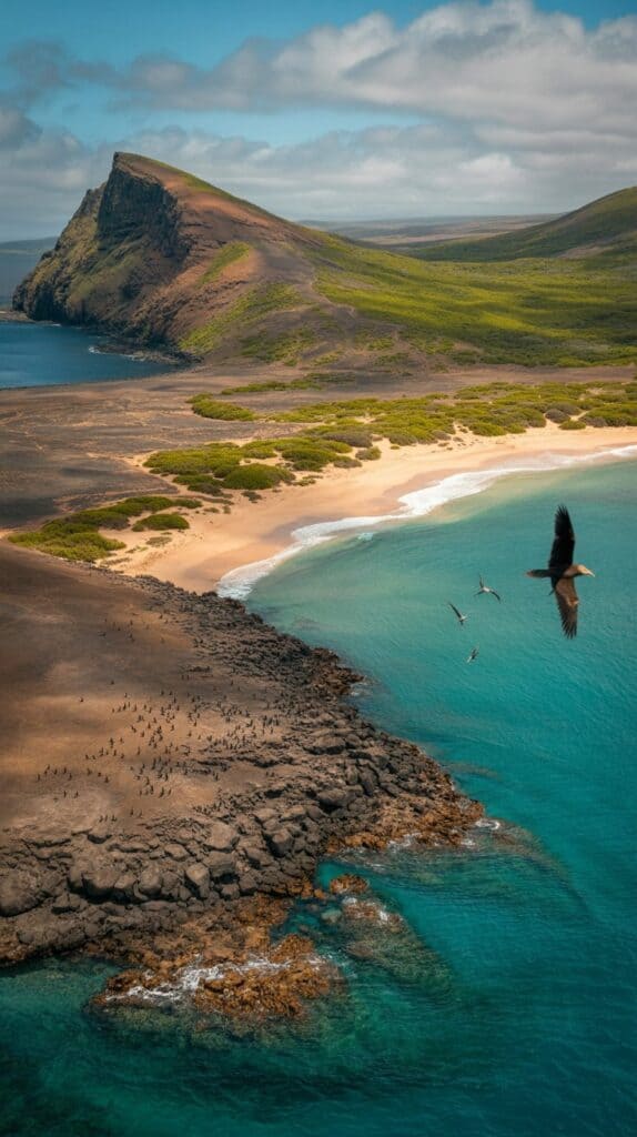 Aerial view of a serene coastal landscape with a lush green mountain, sandy beach, and turquoise ocean. A large bird soars above a rocky shoreline.