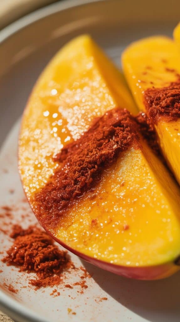  Bright yellow mango sprinkled with fiery red seasoning, tangy, juicy, and bursting with flavor.