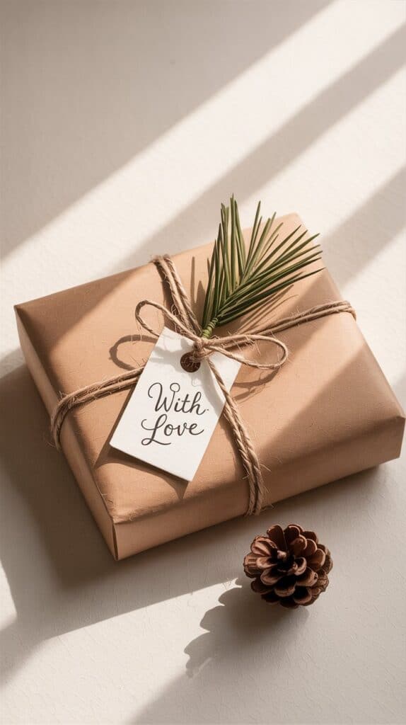 How to Simplify Gift Wrapping: A clean, neutral package with a handwritten tag and a small pinecone; it’s cozy, charming, and easy to replicate.
