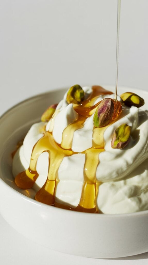 Sweet & Salty Snack:  A creamy cloud of yogurt with glossy honey ribbons and bright green pistachios, elegant, simple, and nourishing.