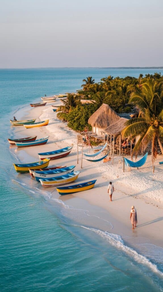 Digital Detox Destinations: A serene beach scene at sunset with colorful boats lined along the shore, a thatched hut surrounded by lush greenery, and two people strolling on the sand.