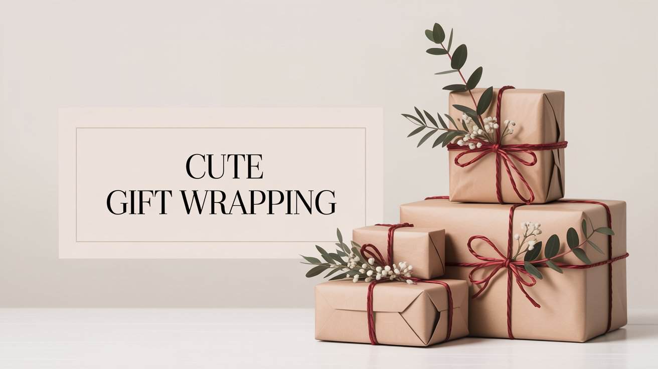 How to Simplify Gift Wrapping. Stacked brown paper-wrapped gifts with red twine and green foliage against a light background. Text reads "Cute Gift Wrapping." Elegant and festive mood.