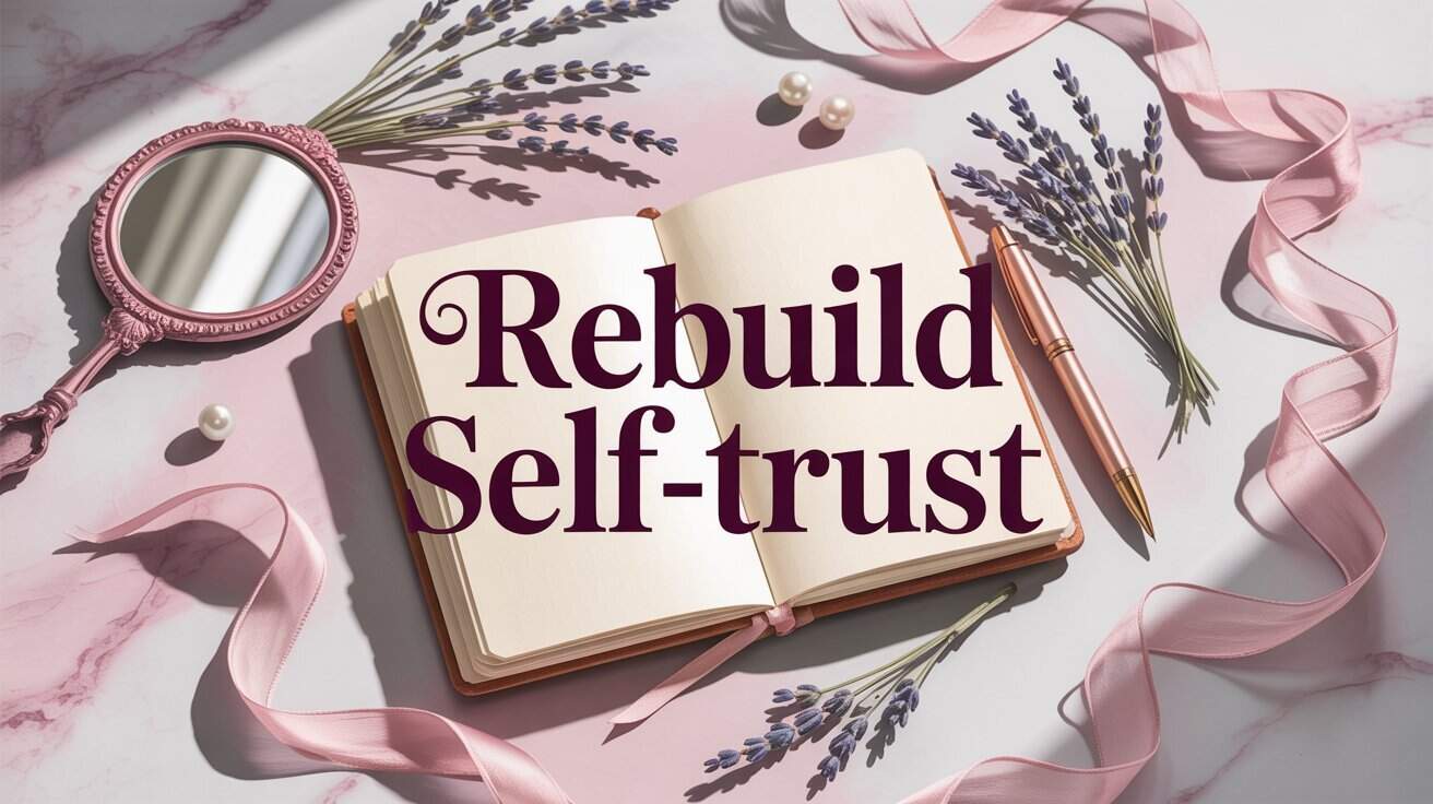 How to Build Self-Trust. An open journal with "Rebuild Self-trust" text, surrounded by lavender sprigs, a pink ribbon, mirror, and pen on a pink marble surface, creating a calm and reflective mood.
