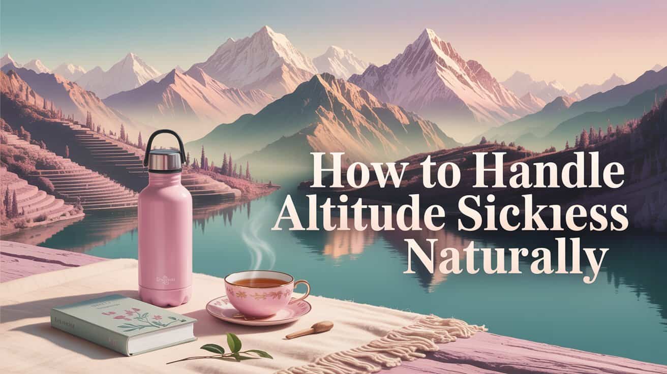 A serene mountain lake scene with snow-capped peaks at sunrise. A pink thermos and teacup sit on a blanket with a book. Text reads "How to Handle Altitude Sickness Naturally."
