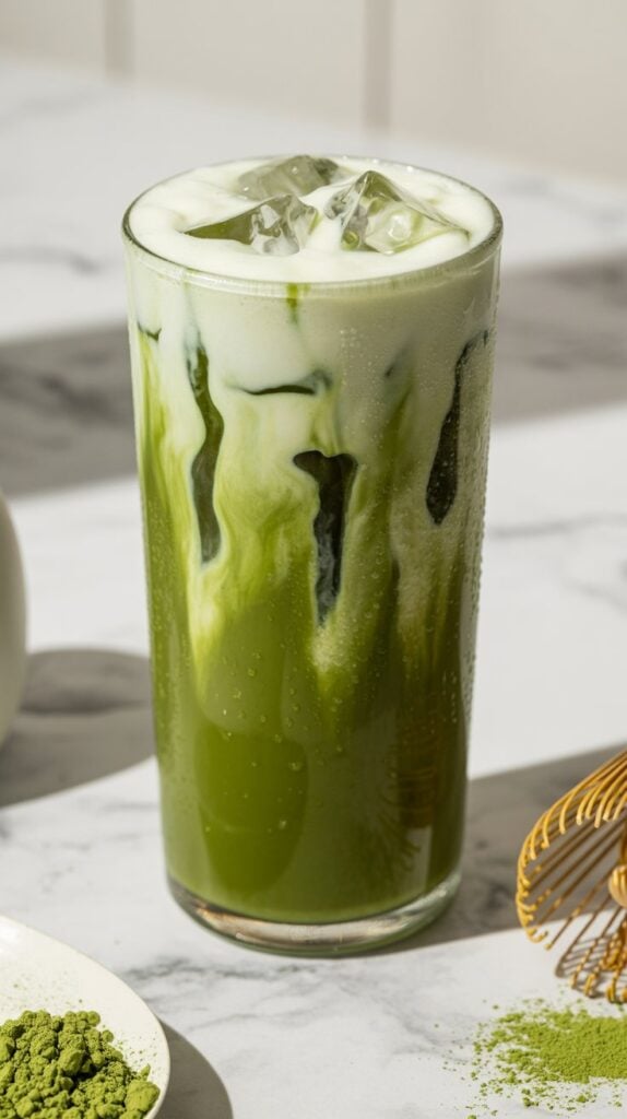 Non-Alcoholic Brunch Drinks: Soft green matcha swirling with creamy milk, condensation forming on the glass; it’s both energizing and elegant.