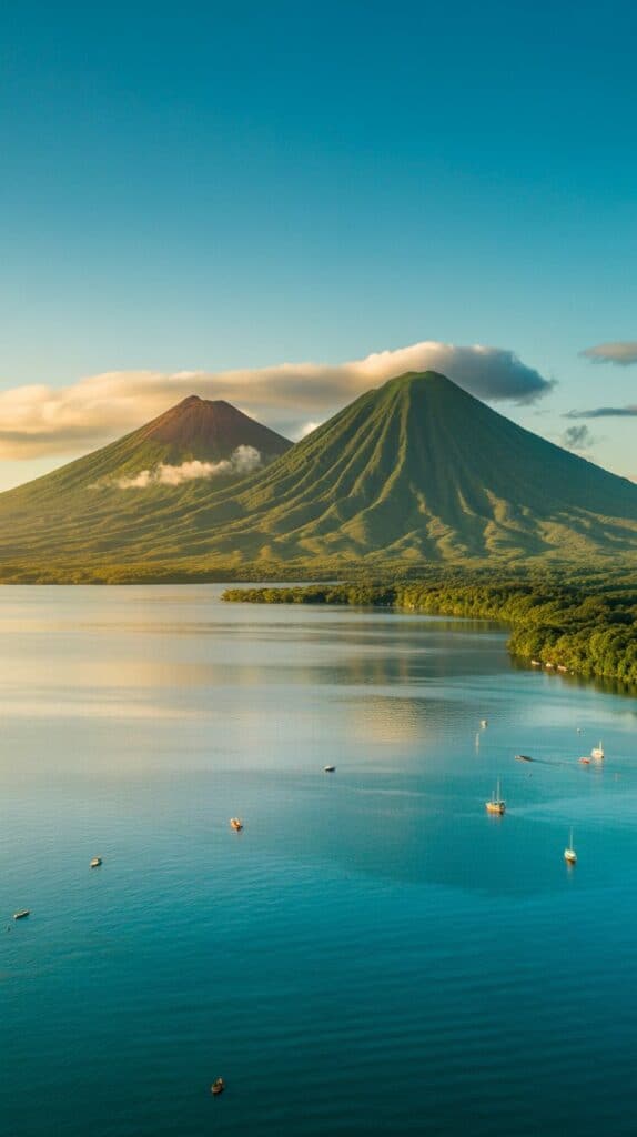 Small Islands You’ve Never Heard Of: A serene landscape with two majestic volcanoes under a clear, blue sky. The foreground features a calm lake dotted with small boats, bordered by lush greenery.