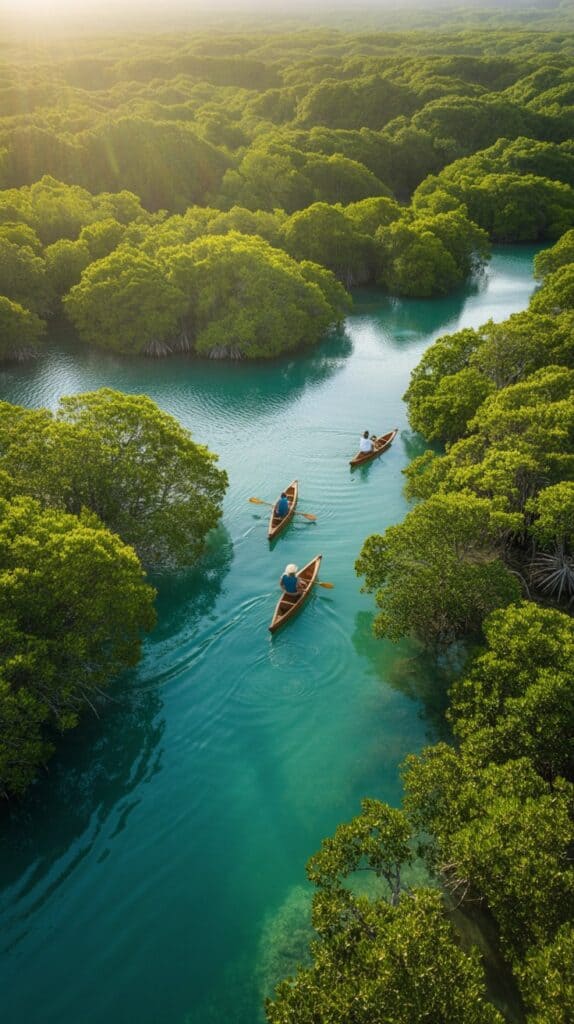 Nighttime Nature Adventures: Kayaking under mangrove branches, surrounded by the soft hum of nocturnal wildlife as the water glows beneath you.