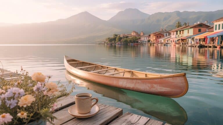 Lakeside Towns in Latina America. A serene lakeside scene with a wooden canoe on calm water, colorful lakeside houses, mountains in the background, and a dock with flowers and a coffee cup in the foreground.