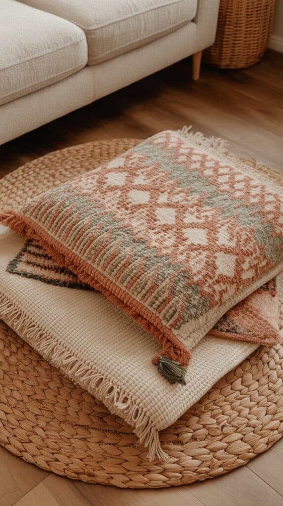 Decorating on a Dime: A neutral jute rug with a soft Moroccan-style rug layered on top, creating instant coziness underfoot.