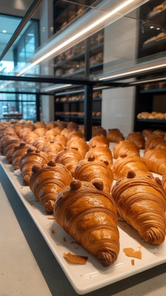 Rows of golden croissants with crisp layers you can hear breaking apart, the scent of butter filling a sleek, modern bakery.