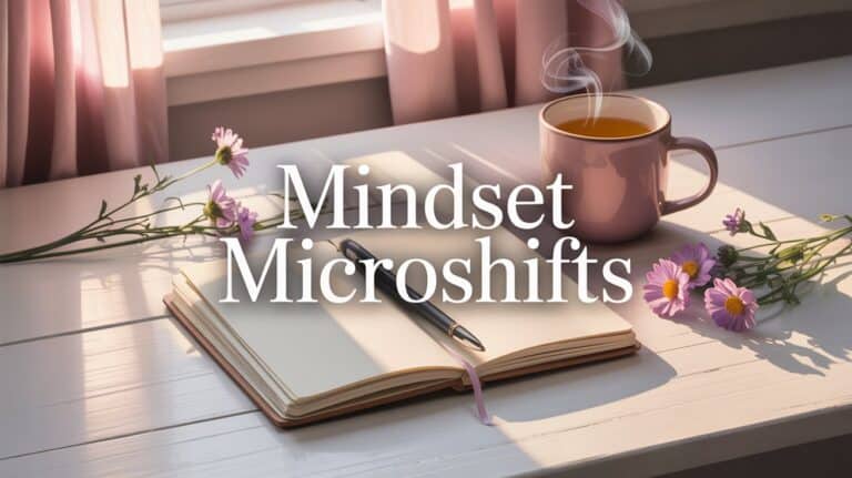 Mindset Microshifts. Open book with a pen, surrounded by pink daisy flowers on a sunlit table. A steaming cup of tea adds warmth. Text reads "Mindset Microshifts."