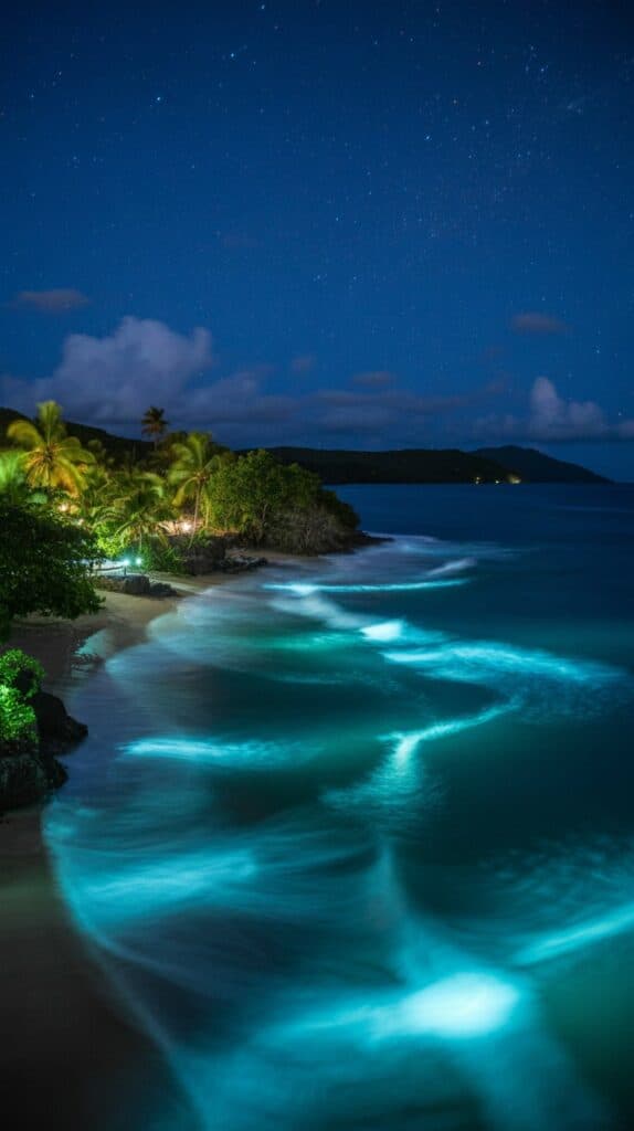 Gliding quietly across the water in a clear-bottom kayak, your paddle leaving a glowing trail behind you