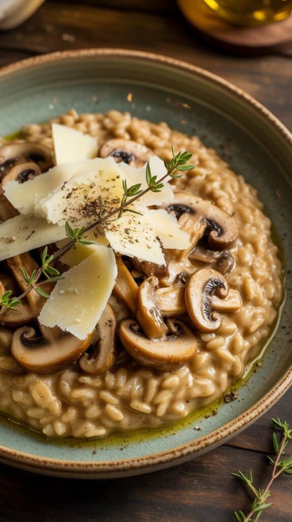 Savory Oatmeal Recipes: A steaming bowl of creamy oats dotted with golden mushrooms and ribbons of Parmesan, filling your kitchen with rich, savory aroma.
