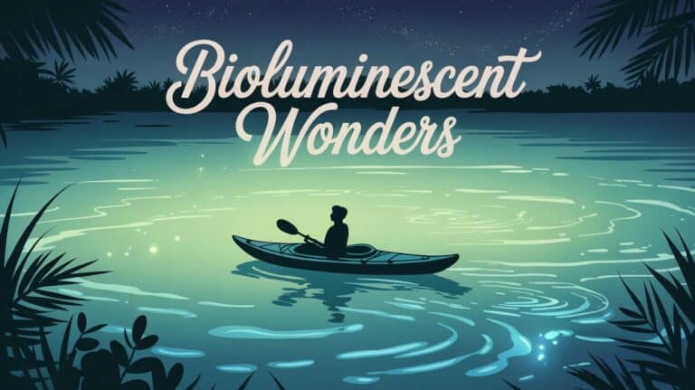 Nighttime Nature Adventures. Alt text: "A silhouetted person kayaks on a glowing, bioluminescent lake under a starry night sky. The scene is framed by lush foliage. Text reads 'Bioluminescent Wonders.'"