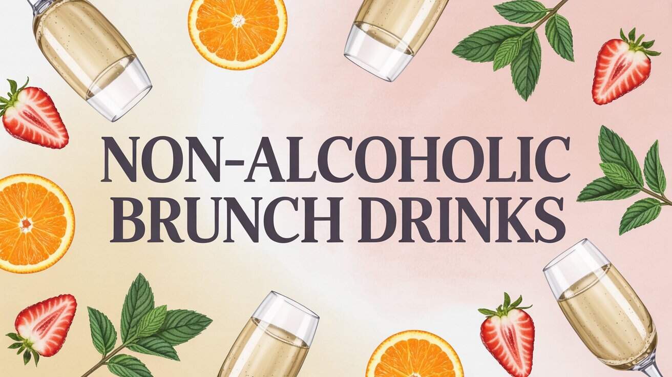 Non-Alcoholic Brunch Drinks. Alt text: "Illustration of non-alcoholic brunch drinks with champagne glasses, orange slices, strawberries, and mint leaves on a pastel background."