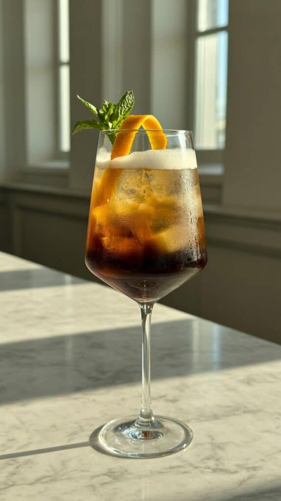 Deep brown espresso swirling into golden fizz, an orange twist catching the light — chic, bold, and brunch-approved.
