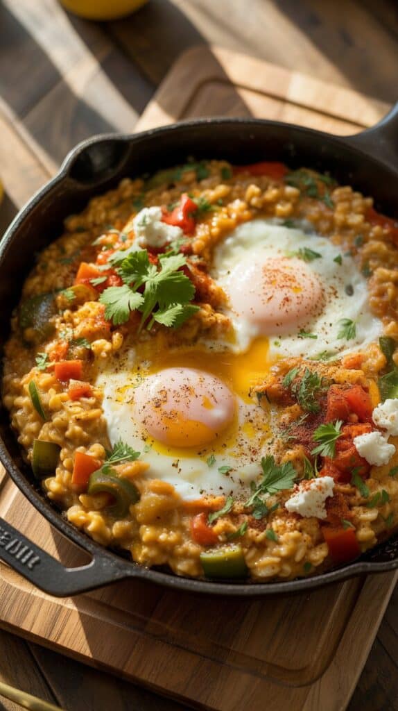 A bubbling red skillet with a golden egg nestled in the center, hearty, aromatic, and perfect for dipping bread