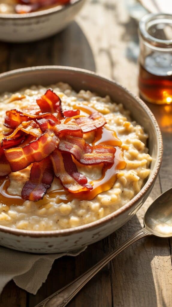 Crispy bacon shards glistening over creamy oats, a hint of maple catching the light, comforting, indulgent, and completely satisfying.