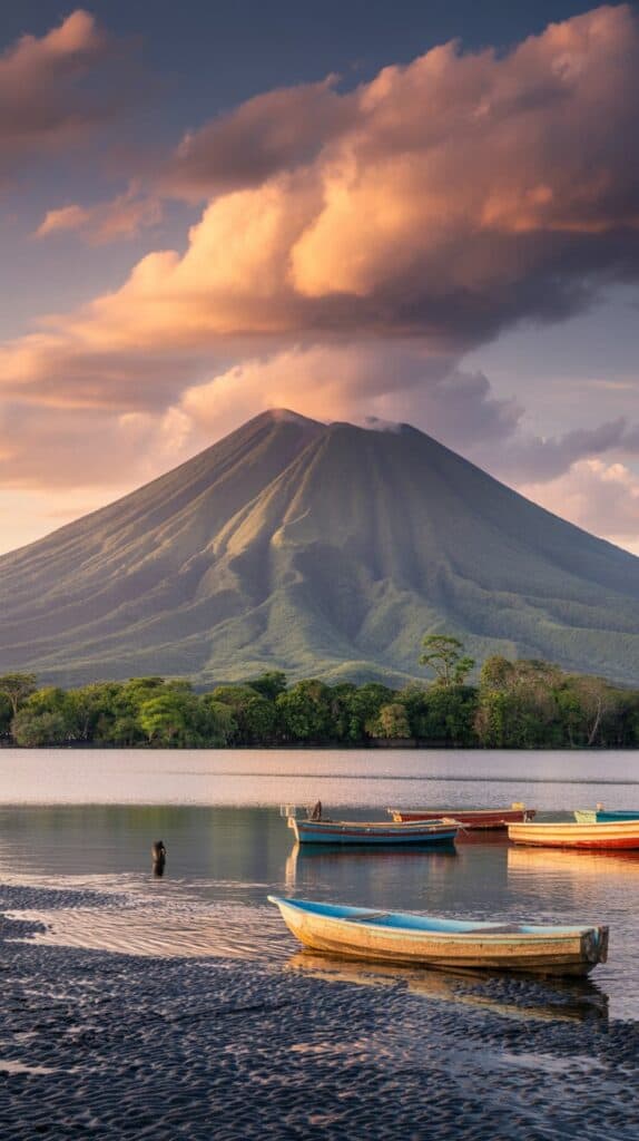 A serene scene of a volcano with lush greenery, reflected in calm waters under a dramatic sky. Small colorful boats rest on the shore, evoking tranquility.
