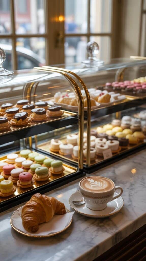 Soft light bouncing off glass display cases, pastries arranged like jewels, and a cappuccino served on fine china beside your golden croissant.