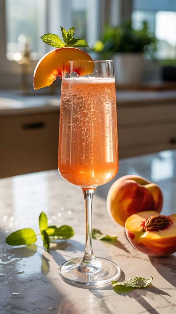 Non-Alcoholic Brunch Drinks: Golden peach tones shimmering in a flute, a delicate twist of lemon resting on the rim, elegant, bubbly, and oh-so-brunch-worthy.