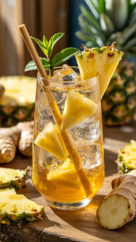 A golden drink sparkling in the light, a slice of pineapple perched on the rim, and a whisper of ginger warming your throat.