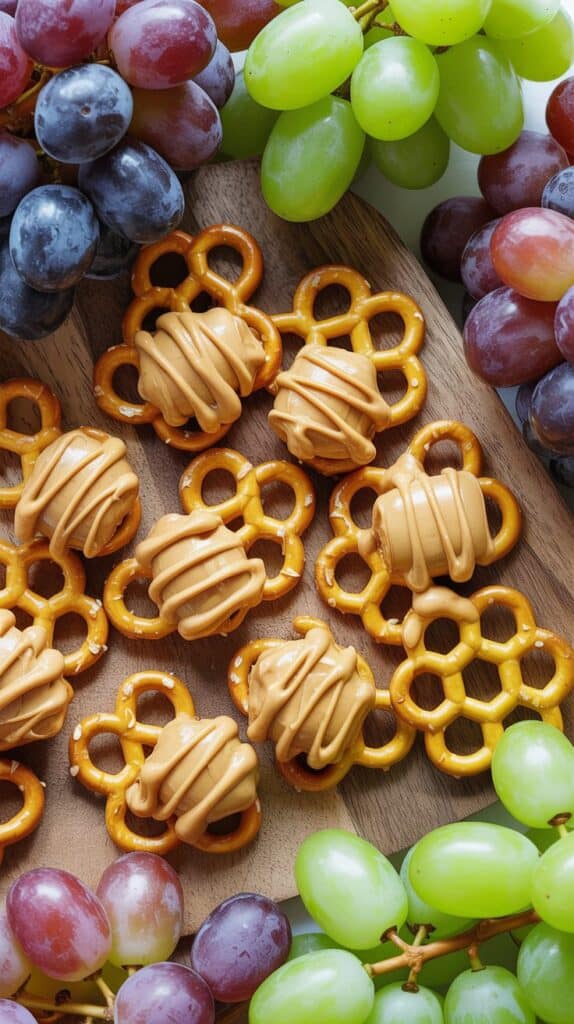 Little pretzel "bites" sprinkled with peanut butter and garnished with jewel-toned grapes, fun, quick, and addictive.