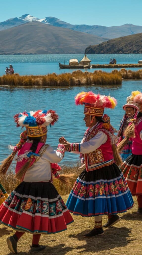 Lakeside Towns in Latin America: A group of people in vibrant traditional attire, featuring colorful feathered hats and embroidered skirts, dance joyfully near a serene lake with mountains in the background.