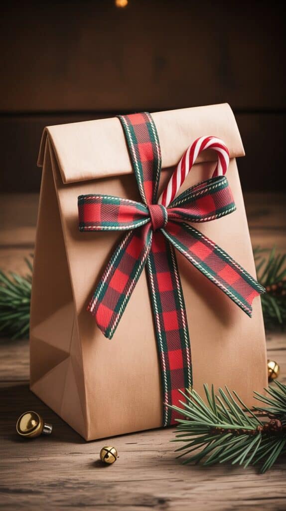 A kraft paper bag tied with plaid ribbon and a miniature candy cane, charming, fast, and still full of holiday cheer.