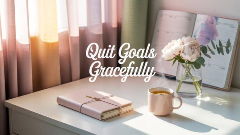 It's Okay to Quit Goals. A serene desk scene with a pink notebook, a steaming coffee cup, and a vase of peonies. Text reads "Quit Goals Gracefully" in elegant script.