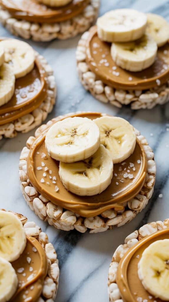 Rustic banana rounds layered over glossy almond butter with salt crystals catching the light, wholesome but indulgent.
