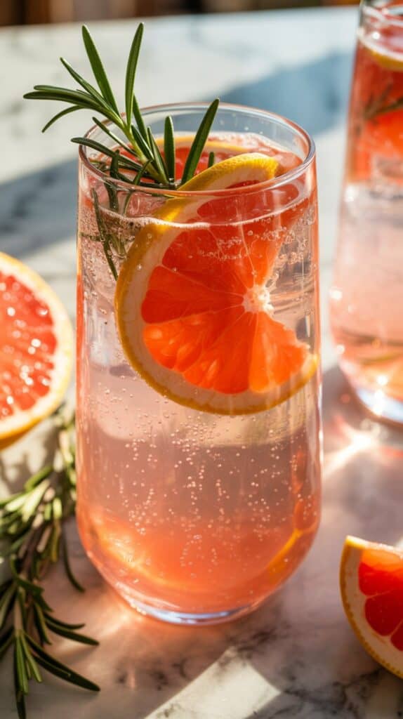 Coral-hued drink with rosemary standing tall, bubbles fizzing around it, elegant, earthy, and impossible not to Instagram.