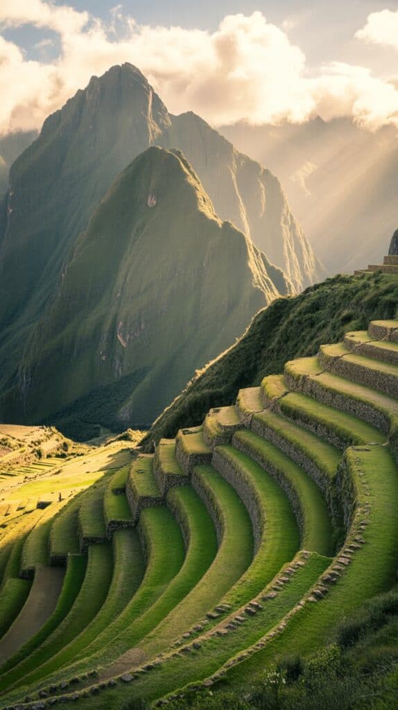 Digital Detox Destinations: Terraced green fields rise in the foreground against a backdrop of majestic mountains, bathed in warm sunlight. The scene is tranquil and awe-inspiring.