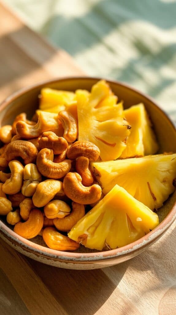 Sweet & Salty Snack: Golden cashews and sunshine-yellow pineapple pieces glowing together like summer in a bowl.
