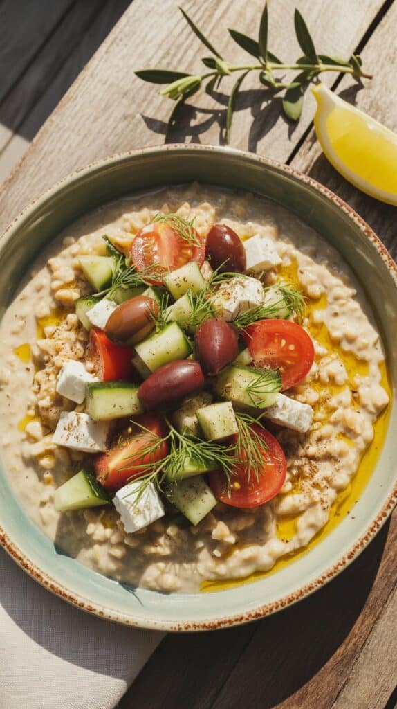 Savory Oatmeal Recipes: Bright, briny flavors balancing creamy oats, the kind of fresh, sunny meal that feels like a Greek getaway in a bowl.