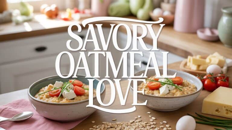 Savory Oatmeal Recipes. Two bowls of savory oatmeal topped with cherry tomatoes, cheese, and herbs on a kitchen counter. The text "Savory Oatmeal Love" is overlaid.