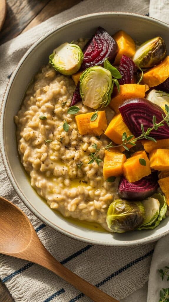 A rainbow of veggies over a creamy oat base, glistening with olive oil, colorful, hearty, and nourishing.