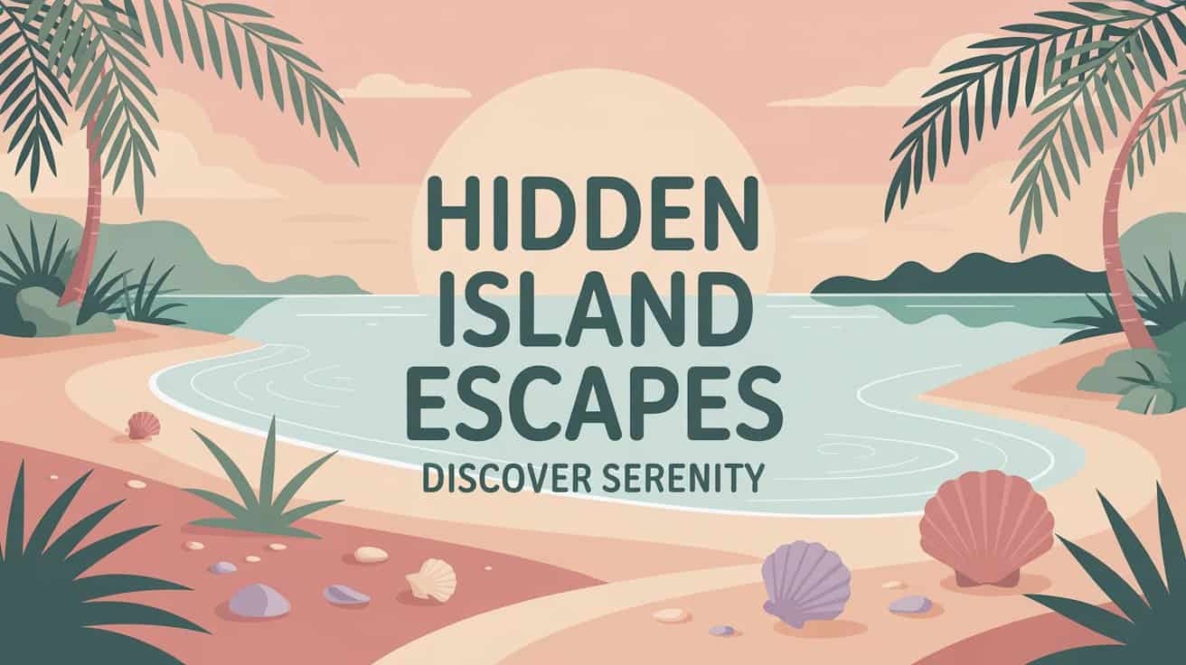 Small Islands You’ve Never Heard Of. Illustrated beach scene at sunset with palm trees and seashells. Text reads "Hidden Island Escapes, Discover Serenity" conveying a tranquil vacation vibe.