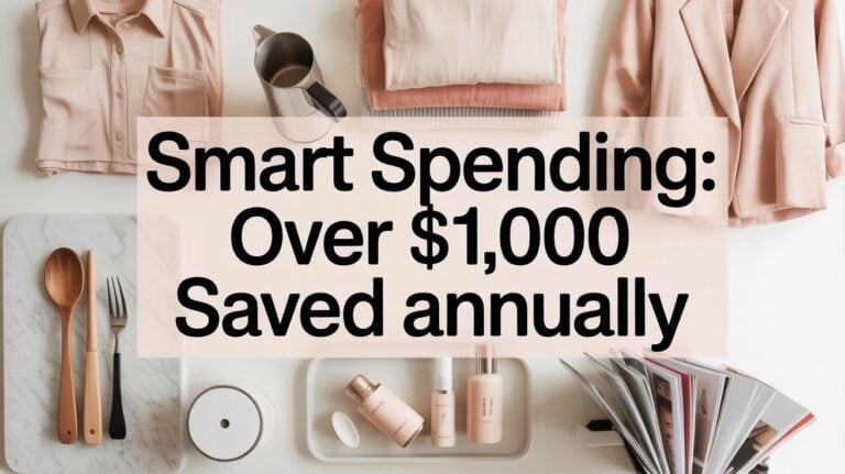 What I Stopped Buying. "Smart Spending: Over $1,000 Saved Annually text overlaid on a flat lay of neutral-toned clothing, kitchenware, cosmetics, and magazines."