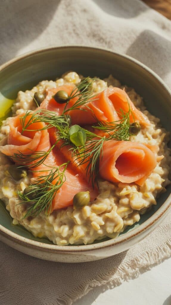 Silky ribbons of salmon atop creamy oats, flecked with dill and citrus, luxurious yet cozy.