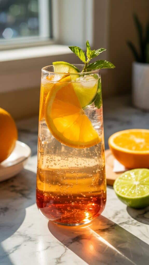 A gradient of gold and ruby hues swirling under the bubbles; it looks like a tropical sunrise and tastes like vacation.