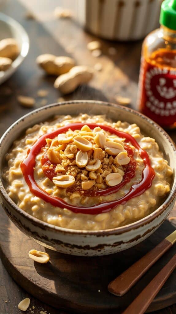 Savory Oatmeal Recipes:  A creamy, nutty base swirled with a streak of red chili sauce, spicy, rich, and just the right kind of addictive.