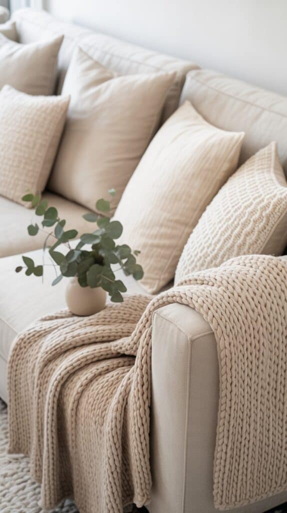 A beige sofa layered with textured cream pillows, a woven throw, and a small vase of eucalyptus, effortless and elegant.