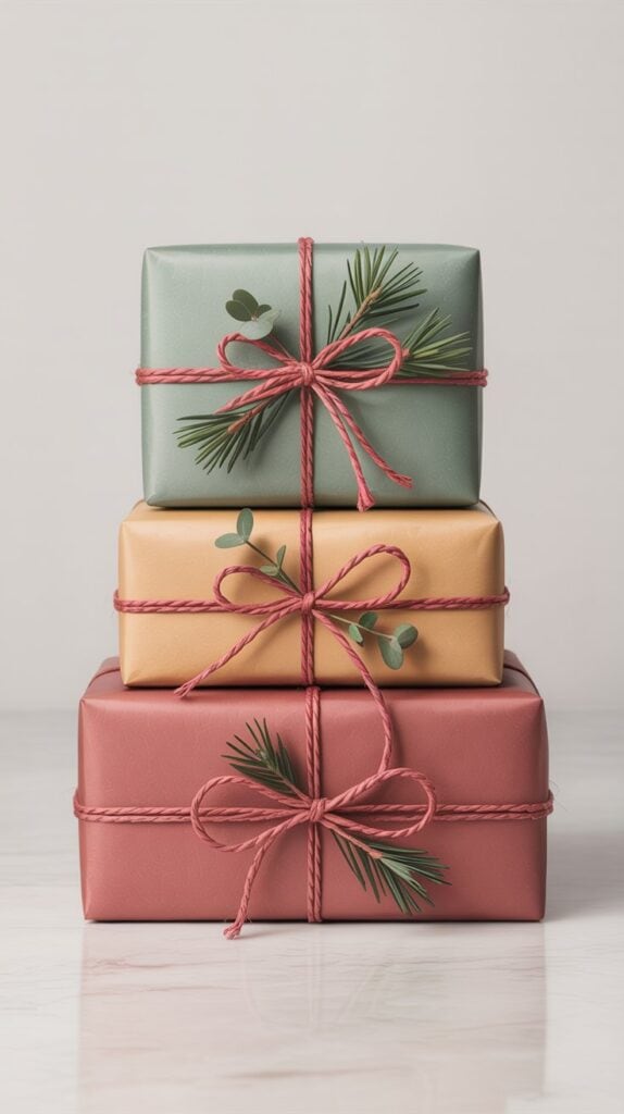 A stack of gifts in muted tones, tied with red twine and topped with simple greenery, that looks polished yet effortless.