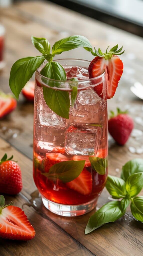 Bubbles dancing around pieces of strawberry, the basil’s fragrance mixing with sweetness, like sipping sunshine through a straw.