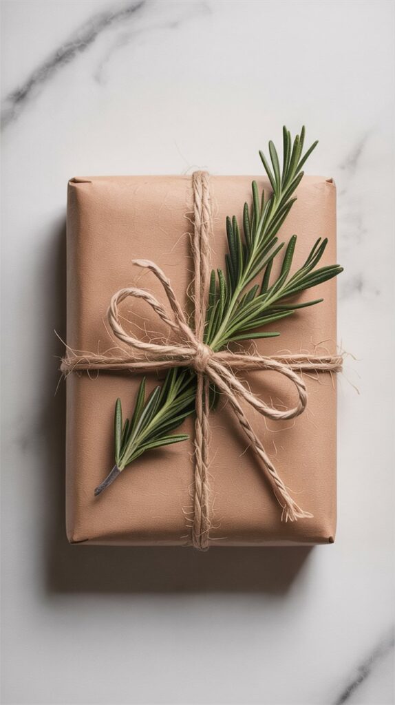 How to Simplify Gift Wrapping: A rustic brown paper package tied with simple twine and topped with a sprig of rosemary, chic in seconds.
