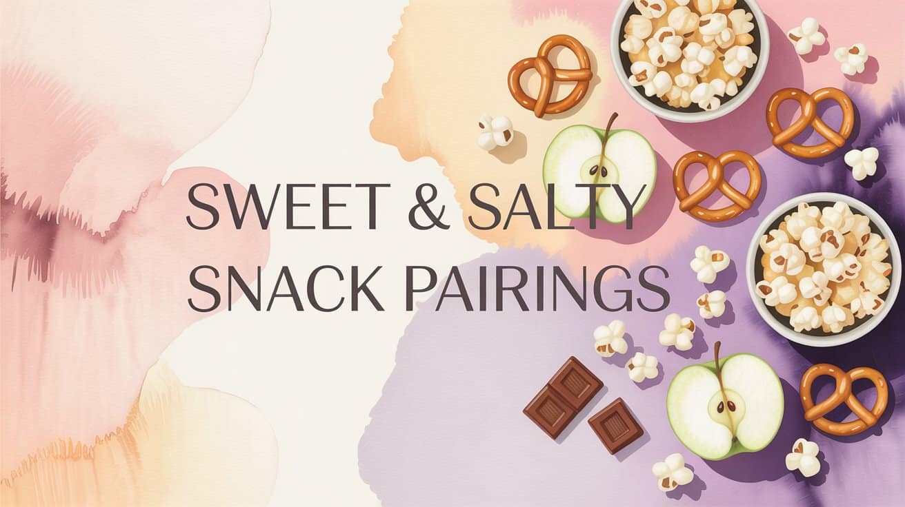 Sweet & Salty Snack. Sweet and salty snack pairings concept with popcorn, pretzels, apple slices, and chocolate on pastel watercolor background, conveying a balanced and tasty mix.