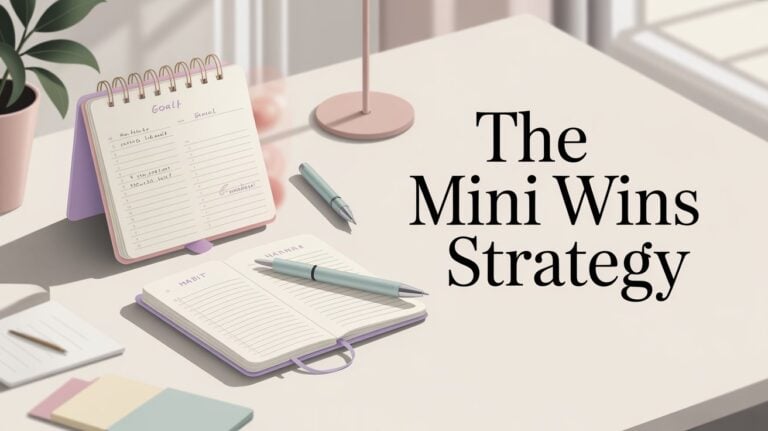 The Mini Wins Strategy. A serene workspace with an open journal, a spiral notebook on a stand labeled "Goals," and pens, set against a sunlit window. Text reads "The Mini Wins Strategy."