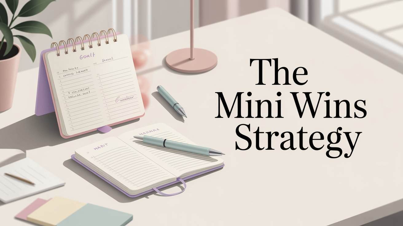 The Mini Wins Strategy. A serene workspace with an open journal, a spiral notebook on a stand labeled "Goals," and pens, set against a sunlit window. Text reads "The Mini Wins Strategy."