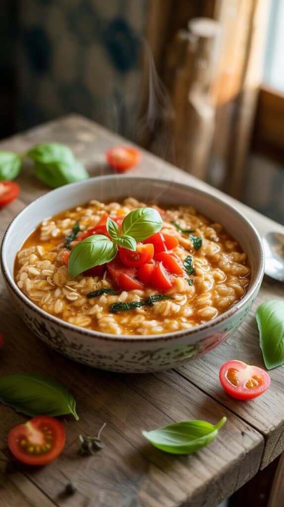 Savory Oatmeal Recipes: A deep red bowl with flecks of basil and melted cheese, each spoonful tasting like a bite of warm tomato soup on a chilly evening.